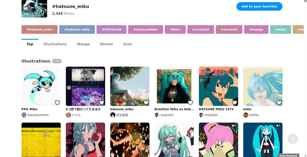 Page d'étiquette de pixiv avec en-tête, étiquettes liées, onglets et grille d'illustrations